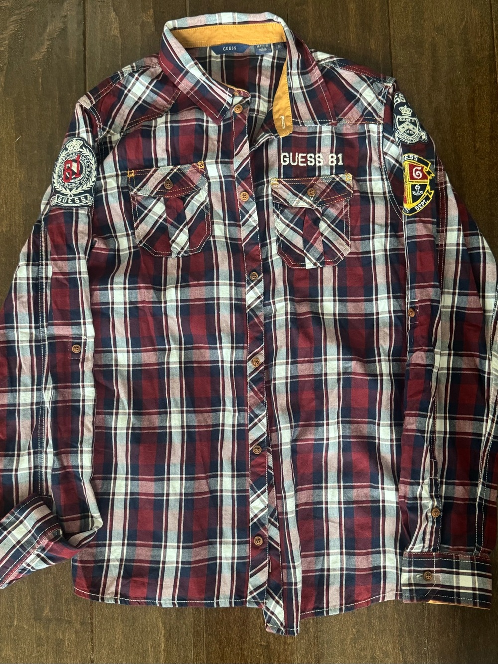 Guess Men's Burgundy and White Plaid Button-Down Shirt with Patches